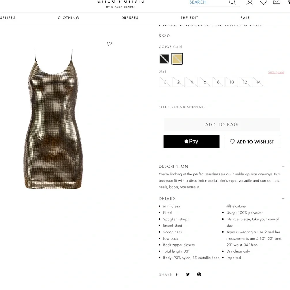Alice + Olivia Nelle Fitted Gold Embellished Mini Dress
